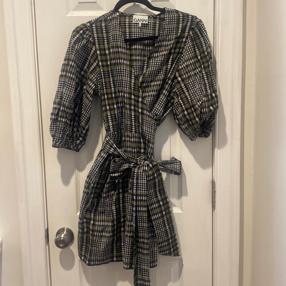 Green and black plaid ganni dress